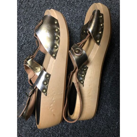 New Swedish Hasbeens Clogs 9.5 Metallic Gold 40 Rivet Wooden Platform Sandals - Picture 11 of 11